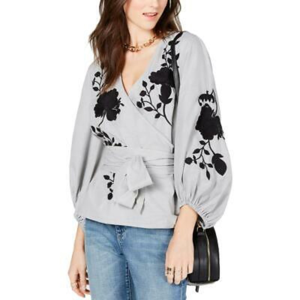 Inc bishop sleeve floral wrap top